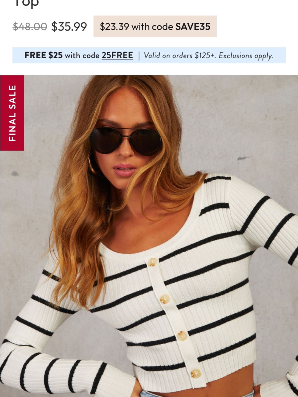 Vici Desi Striped White Ribbed Knit Long Sleeve Button-Up Top with Black Stripes